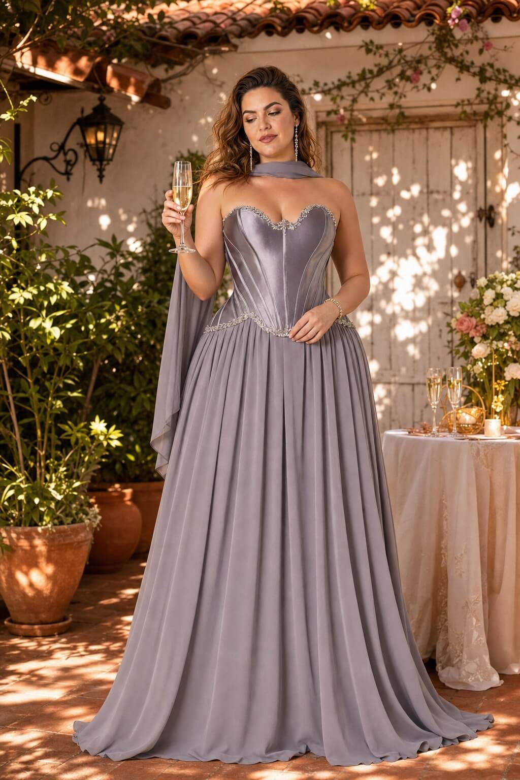 Scarvelle Plus Size Satin Prom Dress with Basque Waist and Pearl Corset