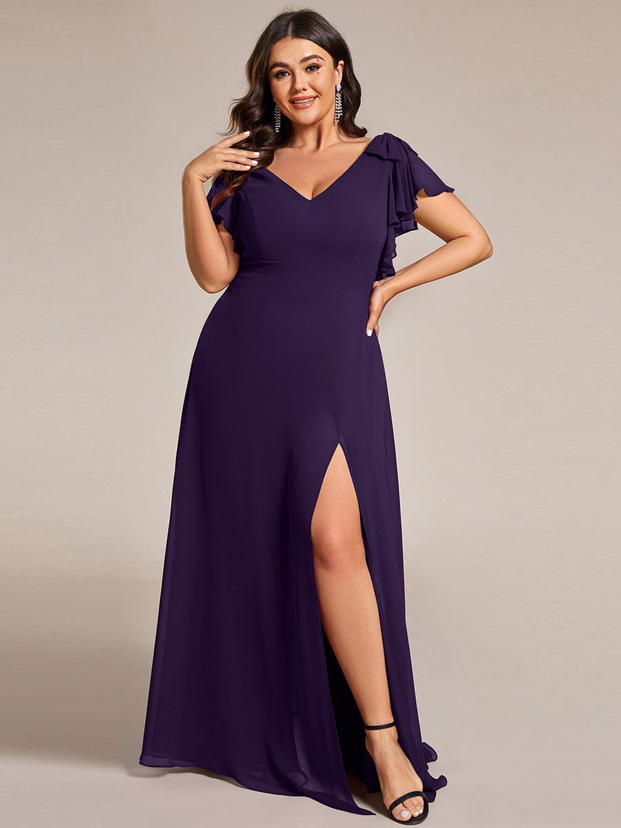 Plus Size Split Ruffles Sleeves with Bowknot Double V-neck Chiffon Bridesmaid Dress