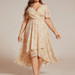 Plus Size Chiffon Short Sleeves Pleated V-Neck A-Line Midi Wedding Guest Dress