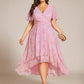 Plus Size Chiffon Short Sleeves Pleated V-Neck A-Line Midi Wedding Guest Dress
