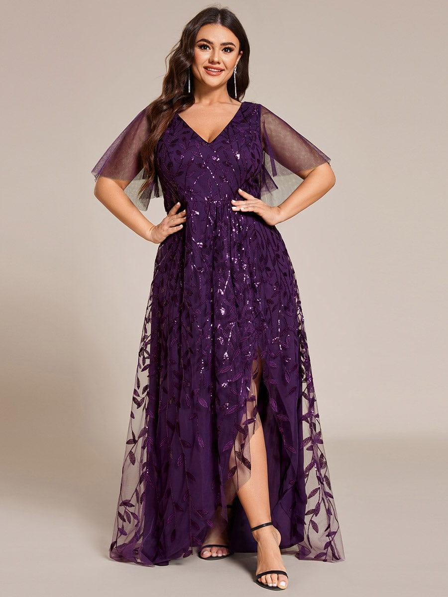 Plus Size Short Sleeves Sequin High Low V-Neck Midi Formal Evening Dress