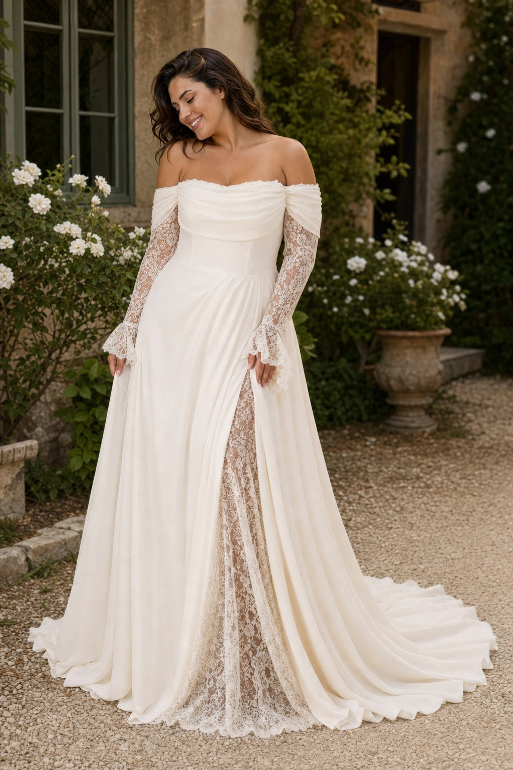 Elegant Long Sleeve Evening Gown Off Shoulder Ruched Design A Line Silhouette with Train