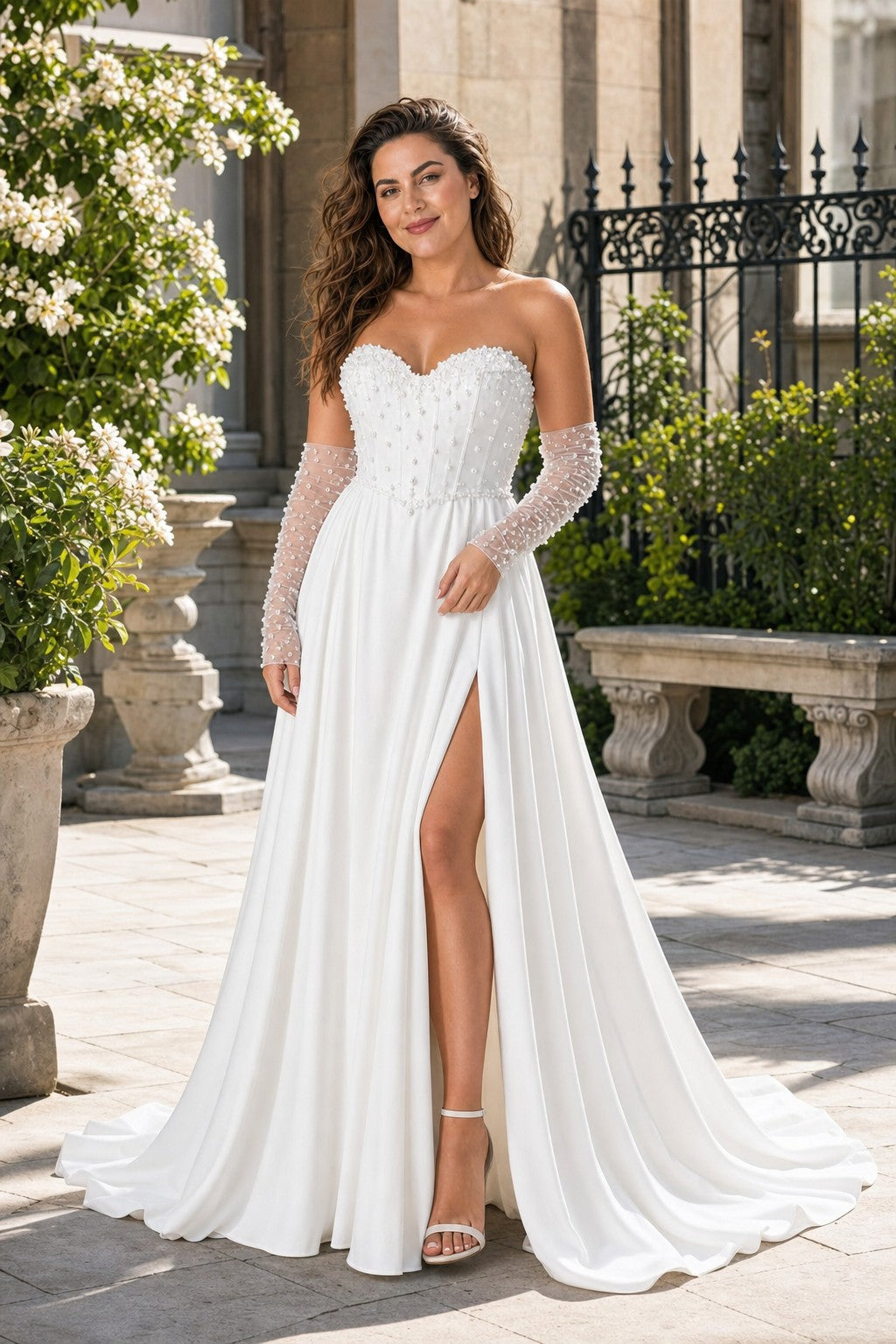 Strapless A-Line Wedding Dress with Basque Waist Beading Slit Open Back for Plus Size Brides