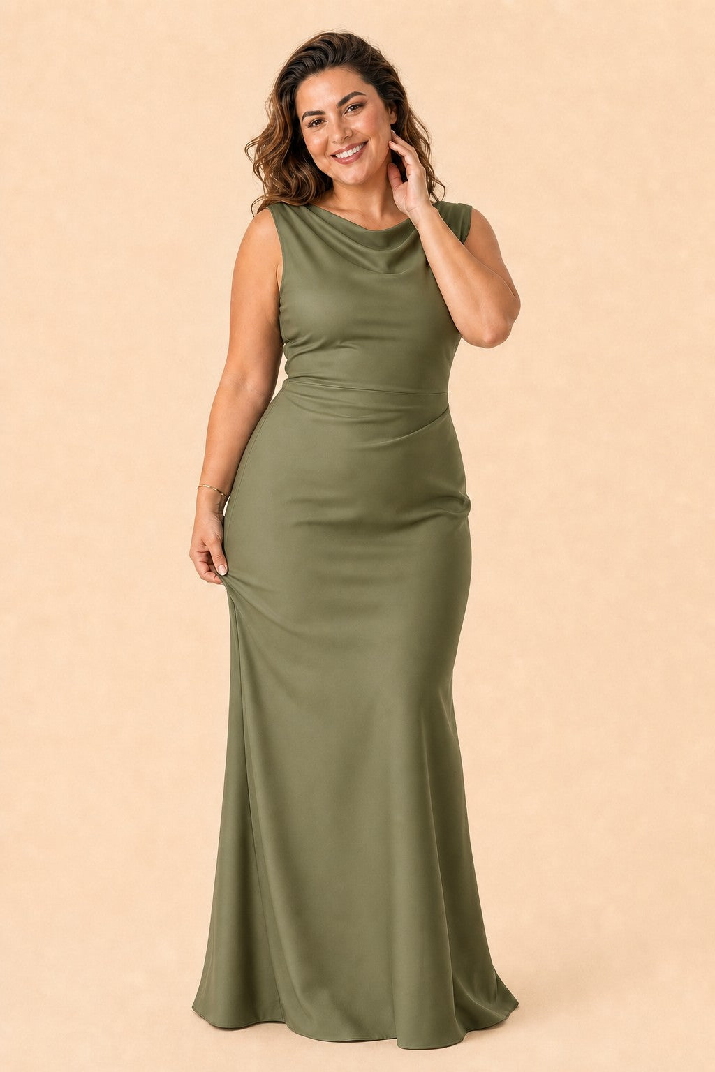 Floor Length Plus Size Bridesmaid Dress Pleated Detail Deep Cowl Back Stretch Satin