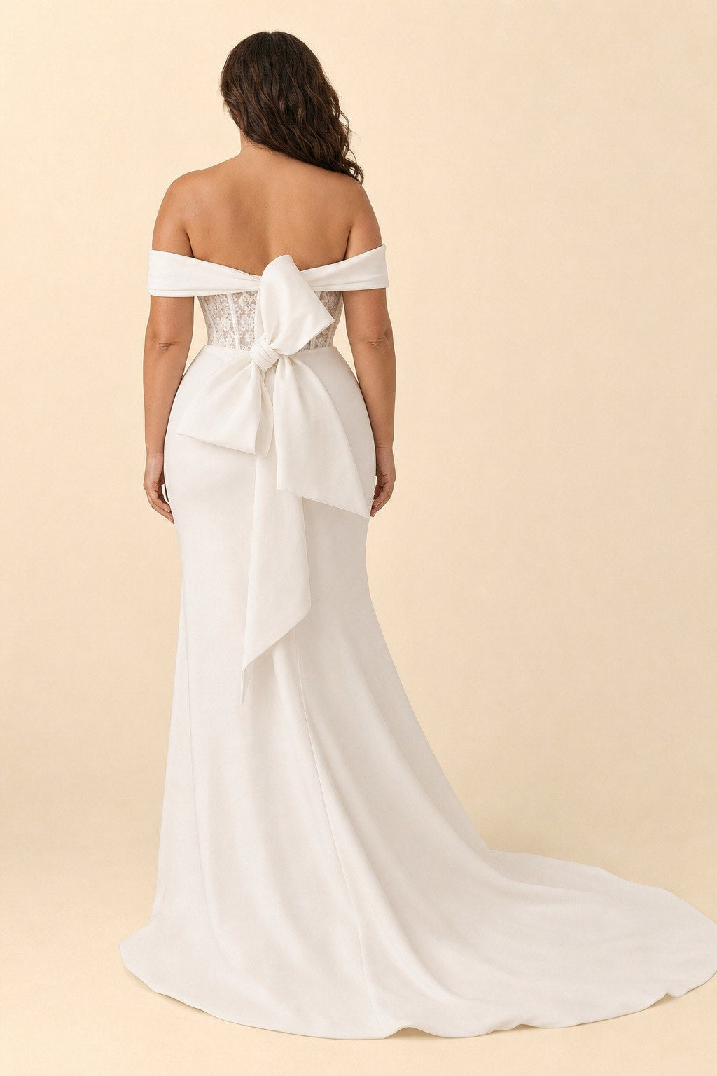 Plus Size Lace Wedding Dress with Slit and Asymmetrical Bow Back Detail