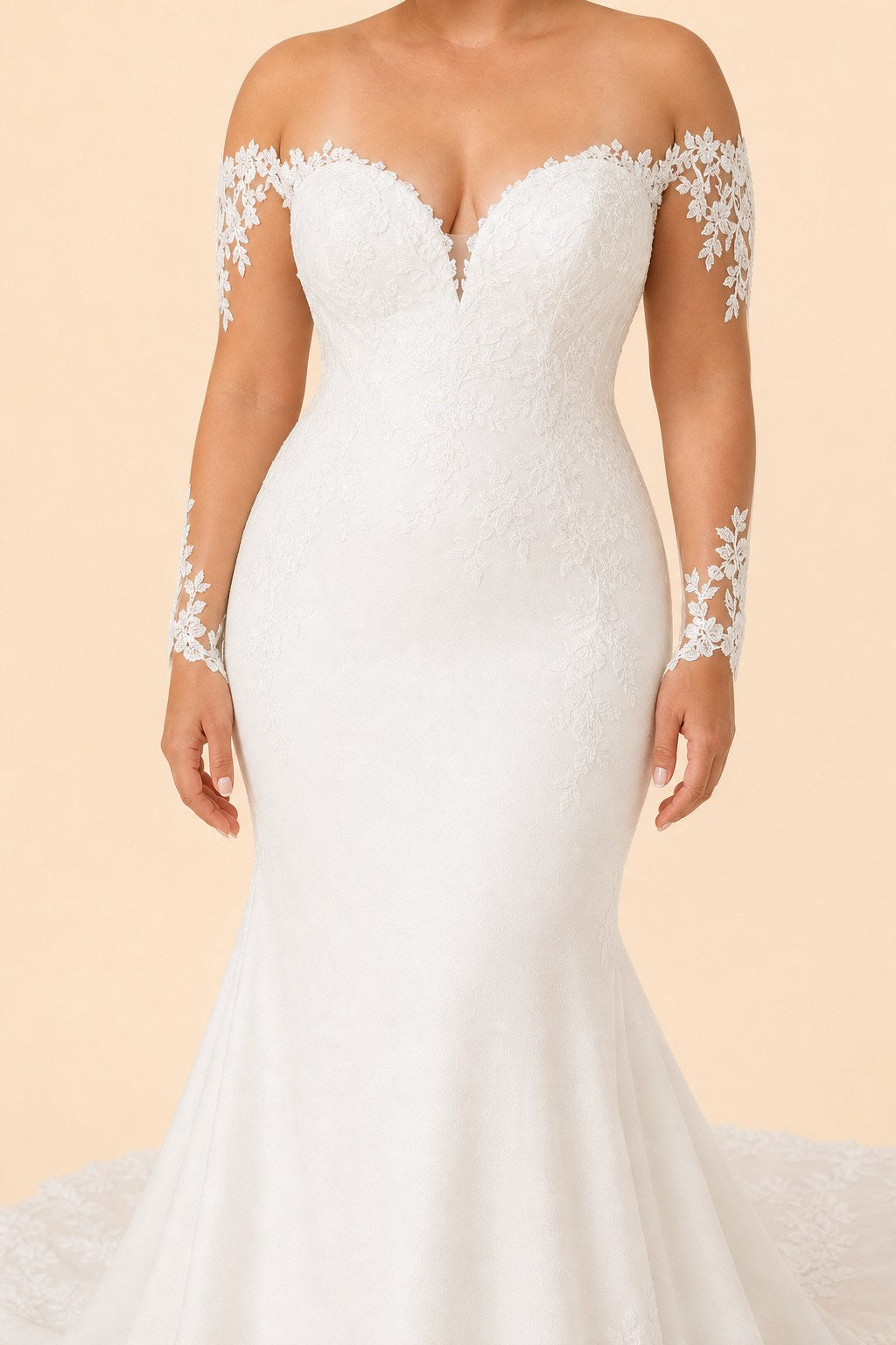 Plus Size Wedding Dress with Off Shoulder Lace Sleeves and Cathedral Train