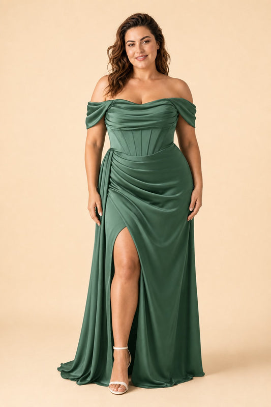 Plus Size Mermaid Bridesmaid Dress with Corset Bodice and Slit