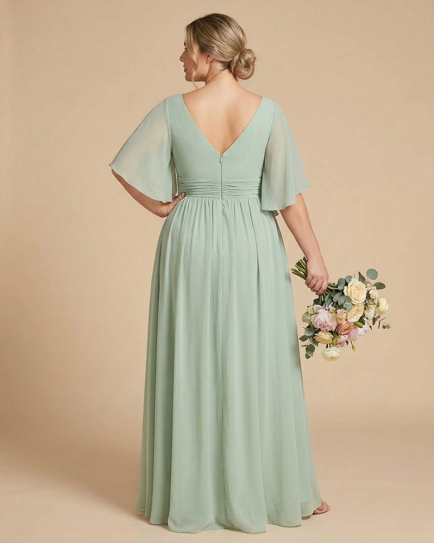 Petaline Romantic Plus Size A-Line Bridesmaid Dress with V-Neck Pleated Chiffon - for Weddings N0301