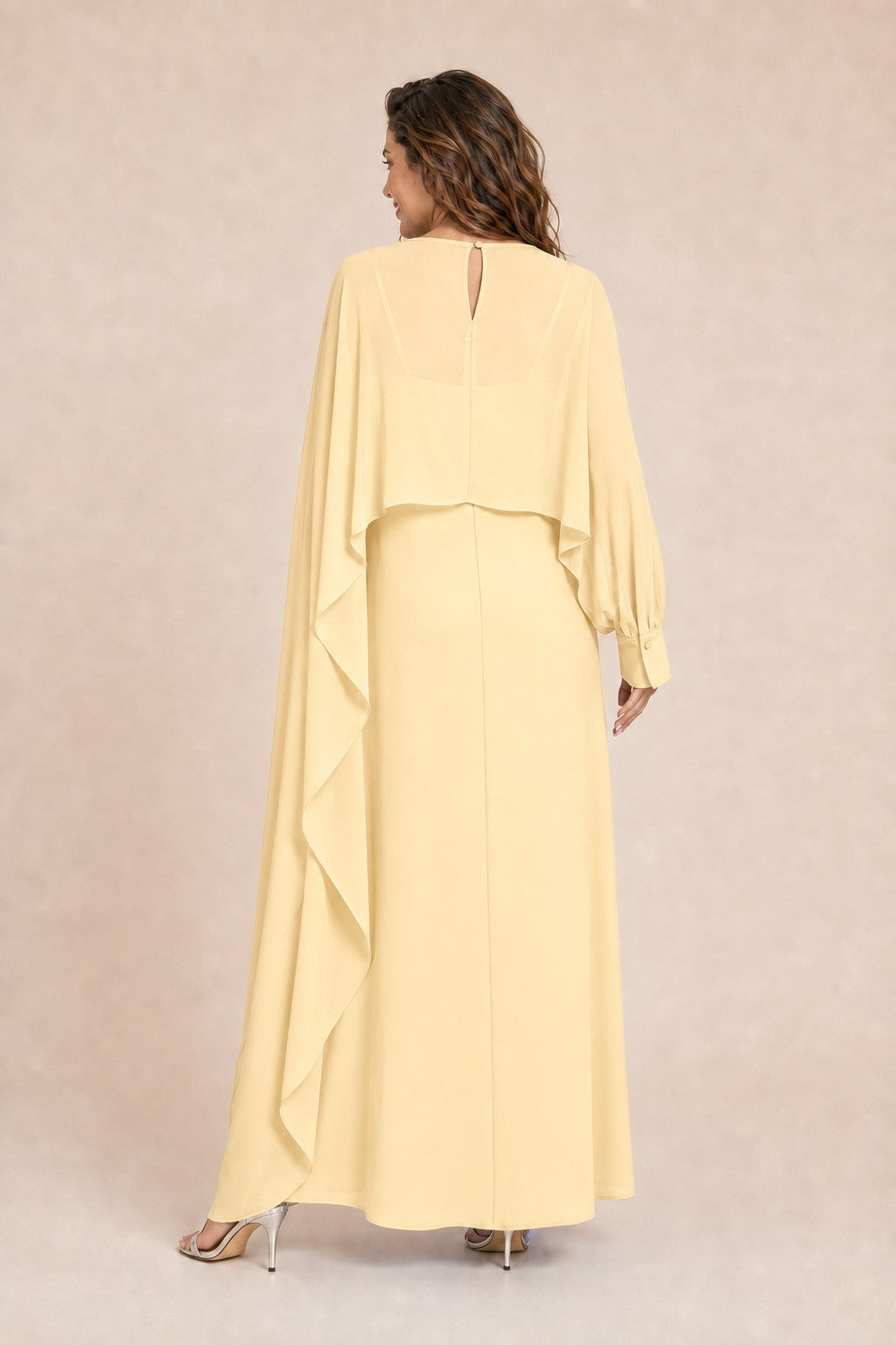 Flowy Sheer Cape Bridesmaid Dress Cuff Slit Design