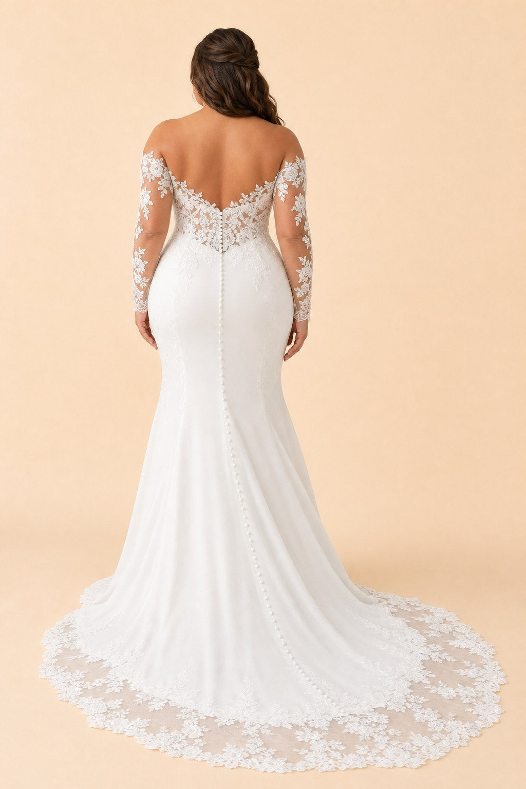Plus Size Wedding Dress with Off Shoulder Lace Sleeves and Cathedral Train