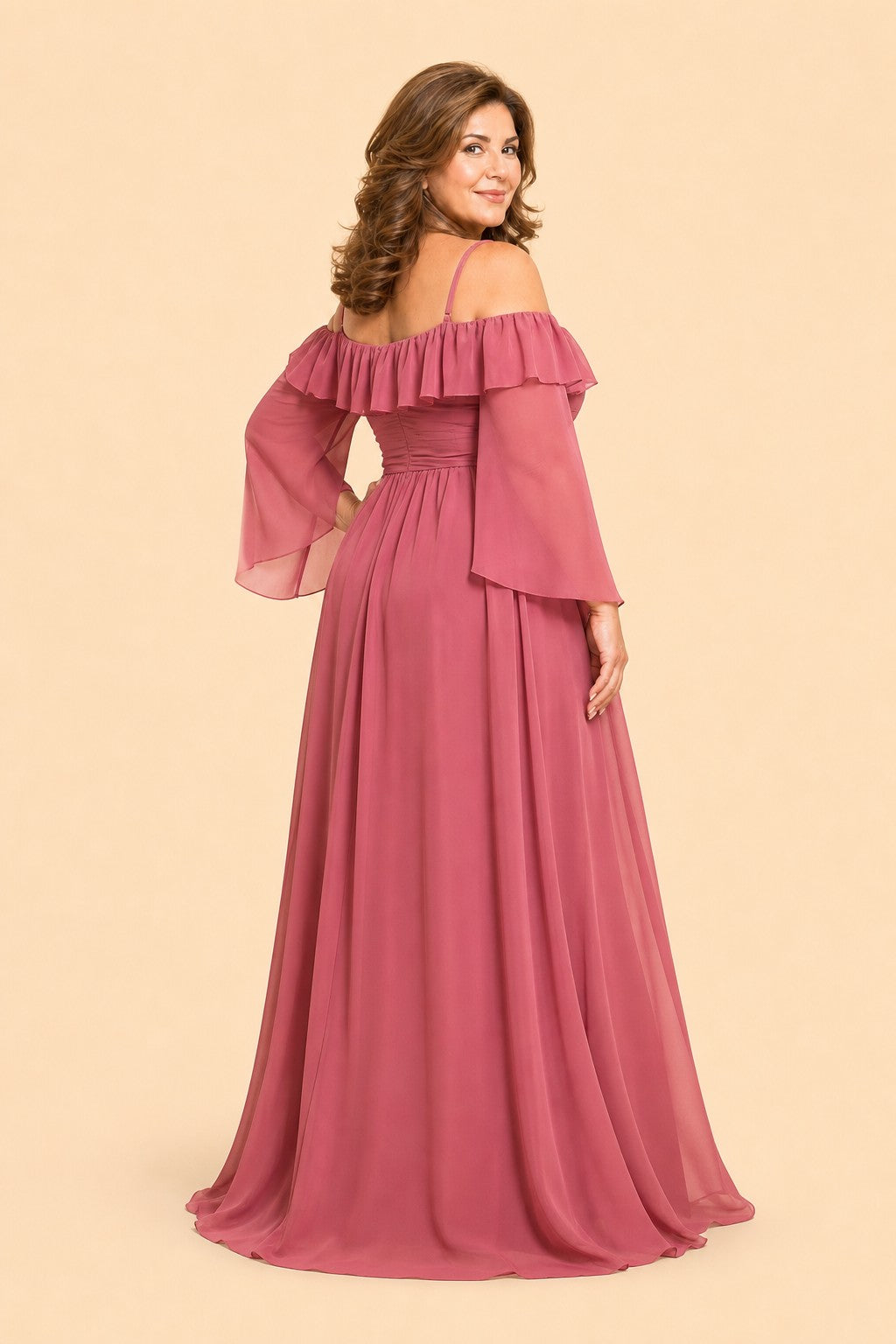Flowy Bridesmaid Dress with Ruched Bodice and Soft Feminine Ruffle Accents for Elegant Weddings