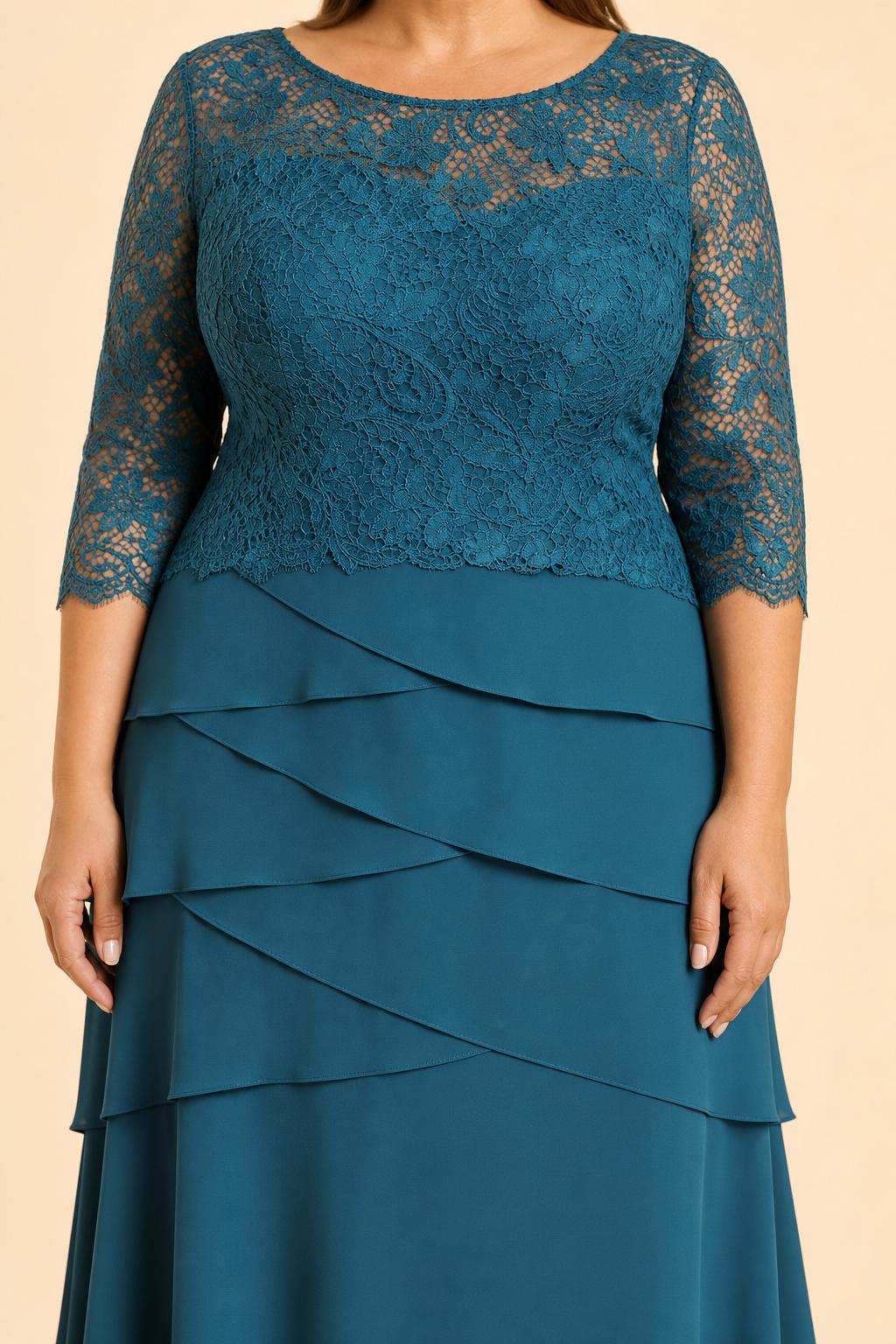 Elegant Evening Gown with Lace Patchwork and Tiered A-Line Silhouette