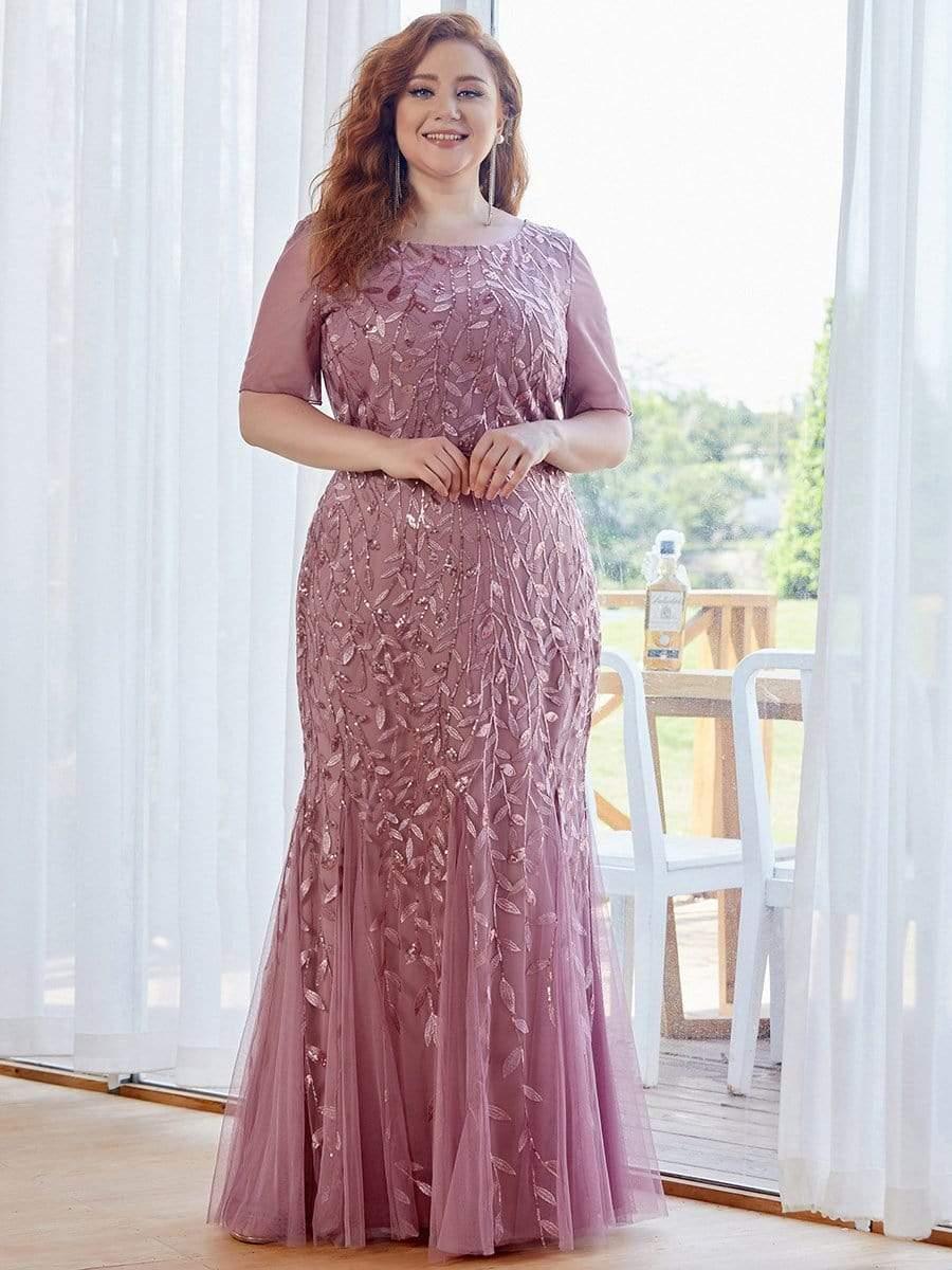 Floral Sequin Print Plus Size Mermaid Tulle Evening Dress
