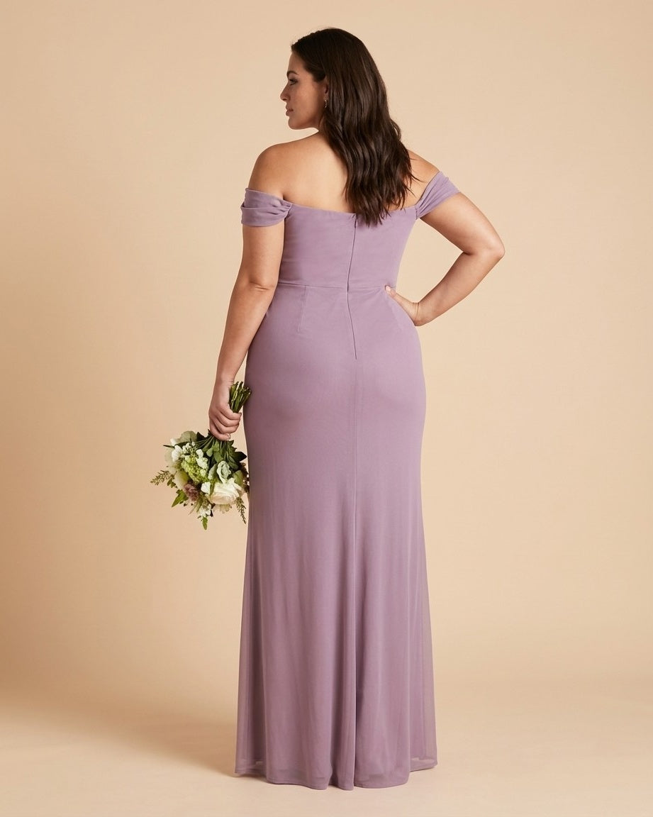 Elanthia Plus Size Romantic Sheath Bridesmaid Dress with Off Shoulder for Wedding -N0347