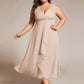 Plus Size Sleeveless Glittery Ruffled V-Neck Midi Wedding Guest Dress