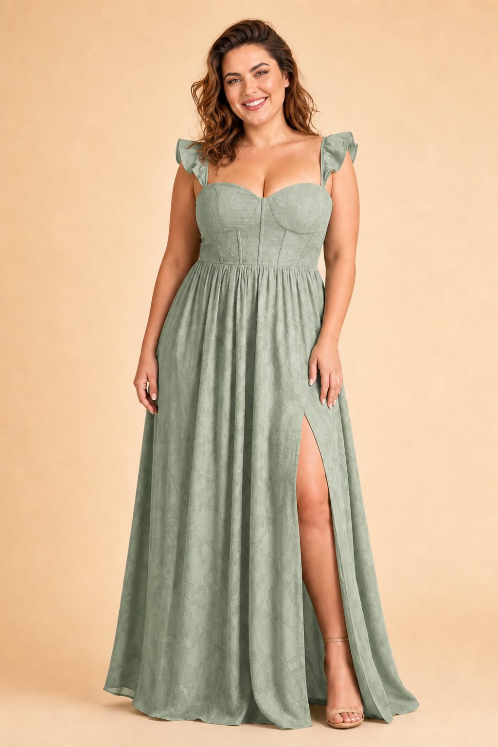 Plus Size A-Line Bridesmaid Dress with Floral Burnout Fabric Ruched Bodice and Slit Detail