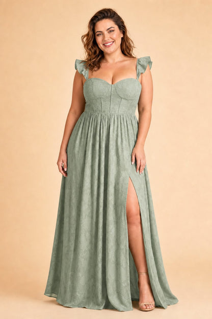 Plus Size A-Line Bridesmaid Dress with Floral Burnout Fabric Ruched Bodice and Slit Detail