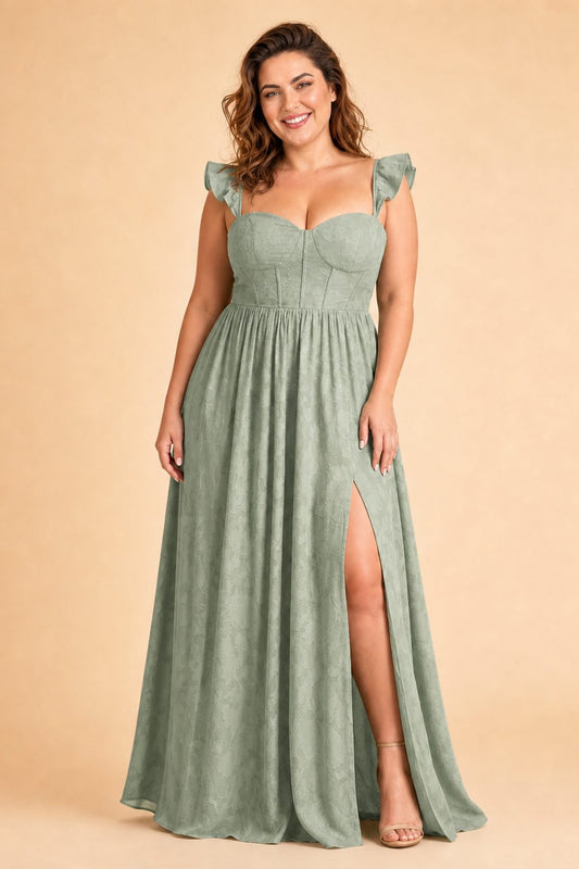 Plus Size A-Line Bridesmaid Dress with Floral Burnout Fabric Ruched Bodice and Slit Detail