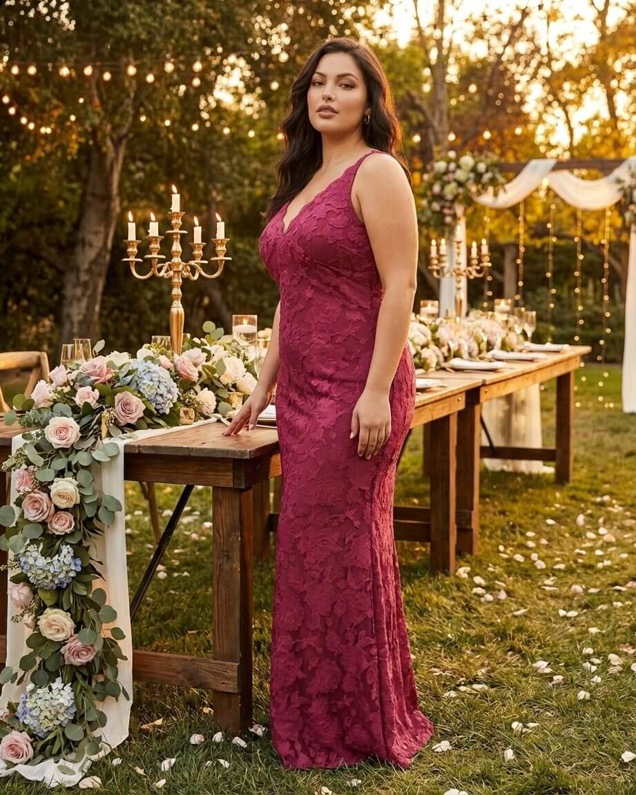 Silvarelle Chic Plus Size Sheath Bridesmaid Dress with Lace Overlay for Wedding Ceremony -N0355