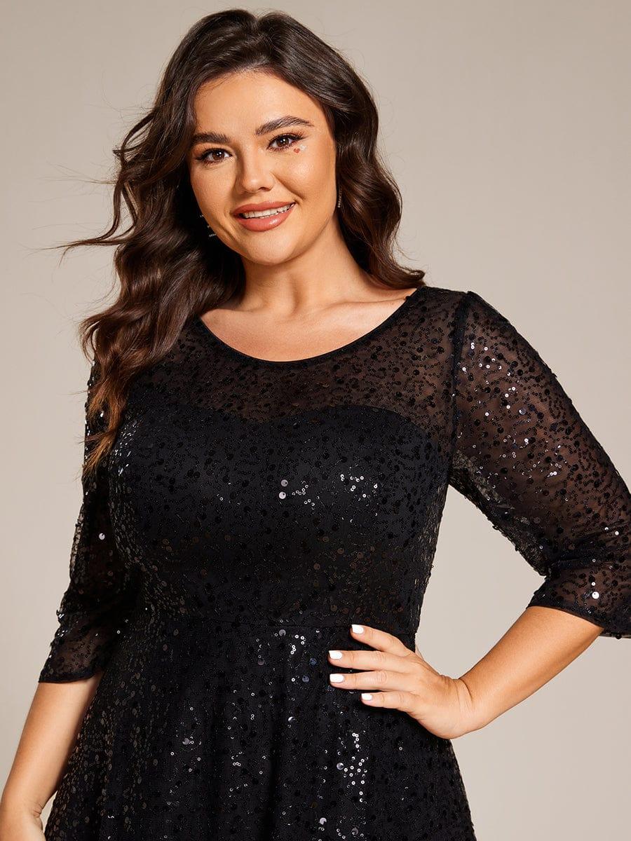 Plus Size 3/4 Sleeve Midi Round Neck A-Line Sequin Wedding Guest Dress
