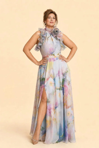 Sophisticated Halter Mother of the Bride Dress with Watercolor Pattern and Ruffle Accents