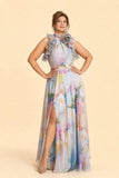 Sophisticated Halter Mother of the Bride Dress with Watercolor Pattern and Ruffle Accents