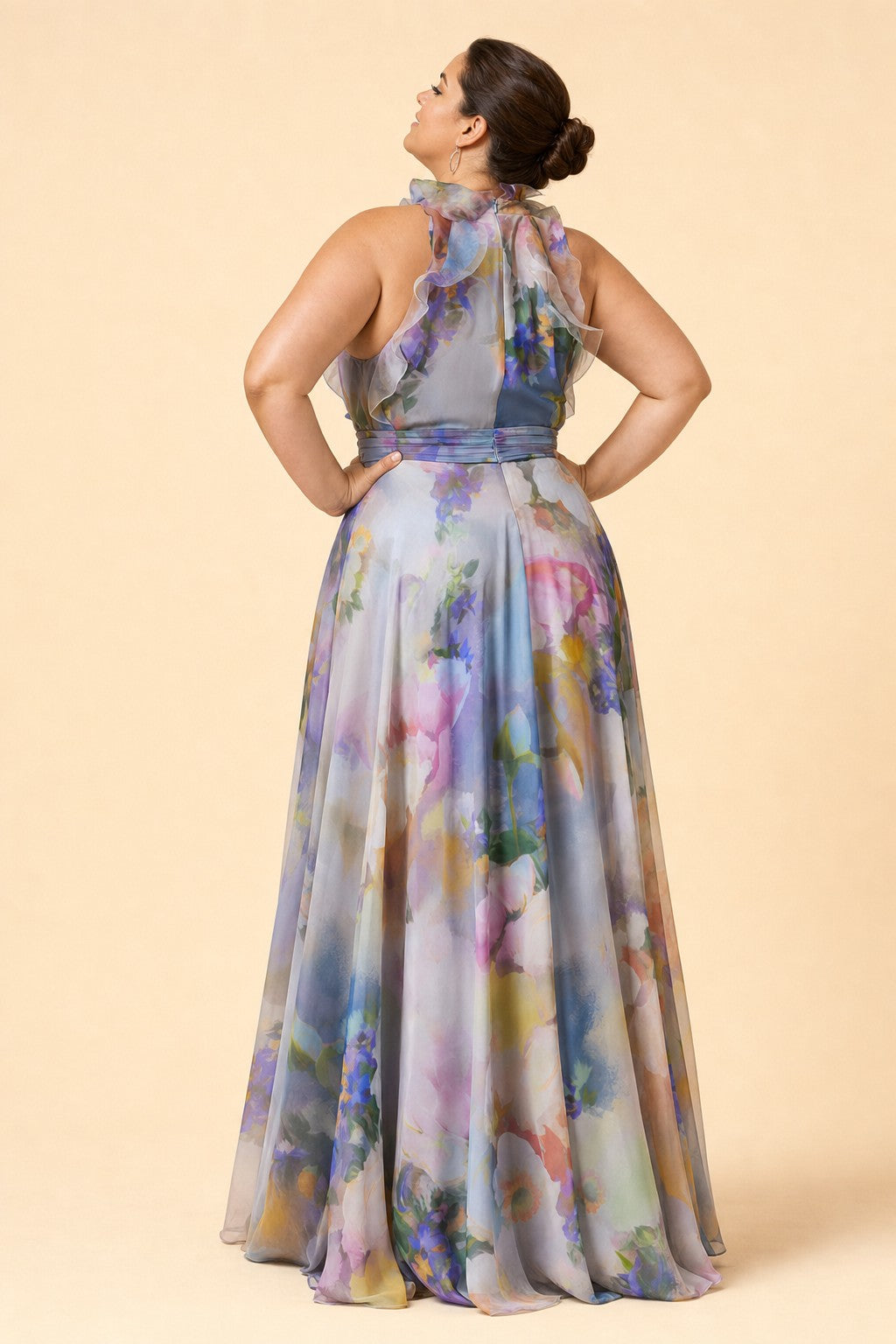 Sophisticated Halter Mother of the Bride Dress with Watercolor Pattern and Ruffle Accents