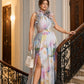 Sophisticated Halter Mother of the Bride Dress with Watercolor Pattern and Ruffle Accents
