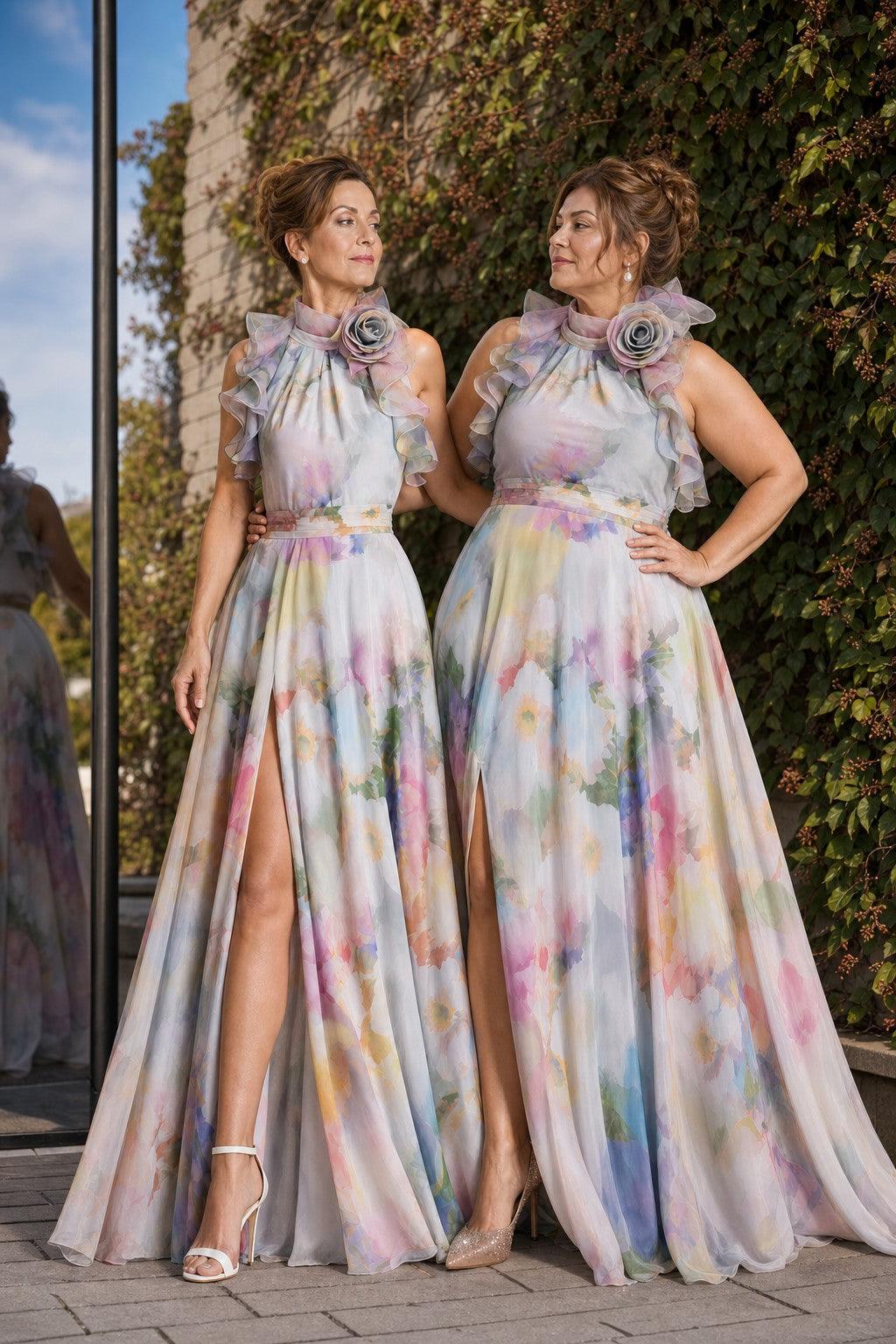 Sophisticated Halter Mother of the Bride Dress with Watercolor Pattern and Ruffle Accents