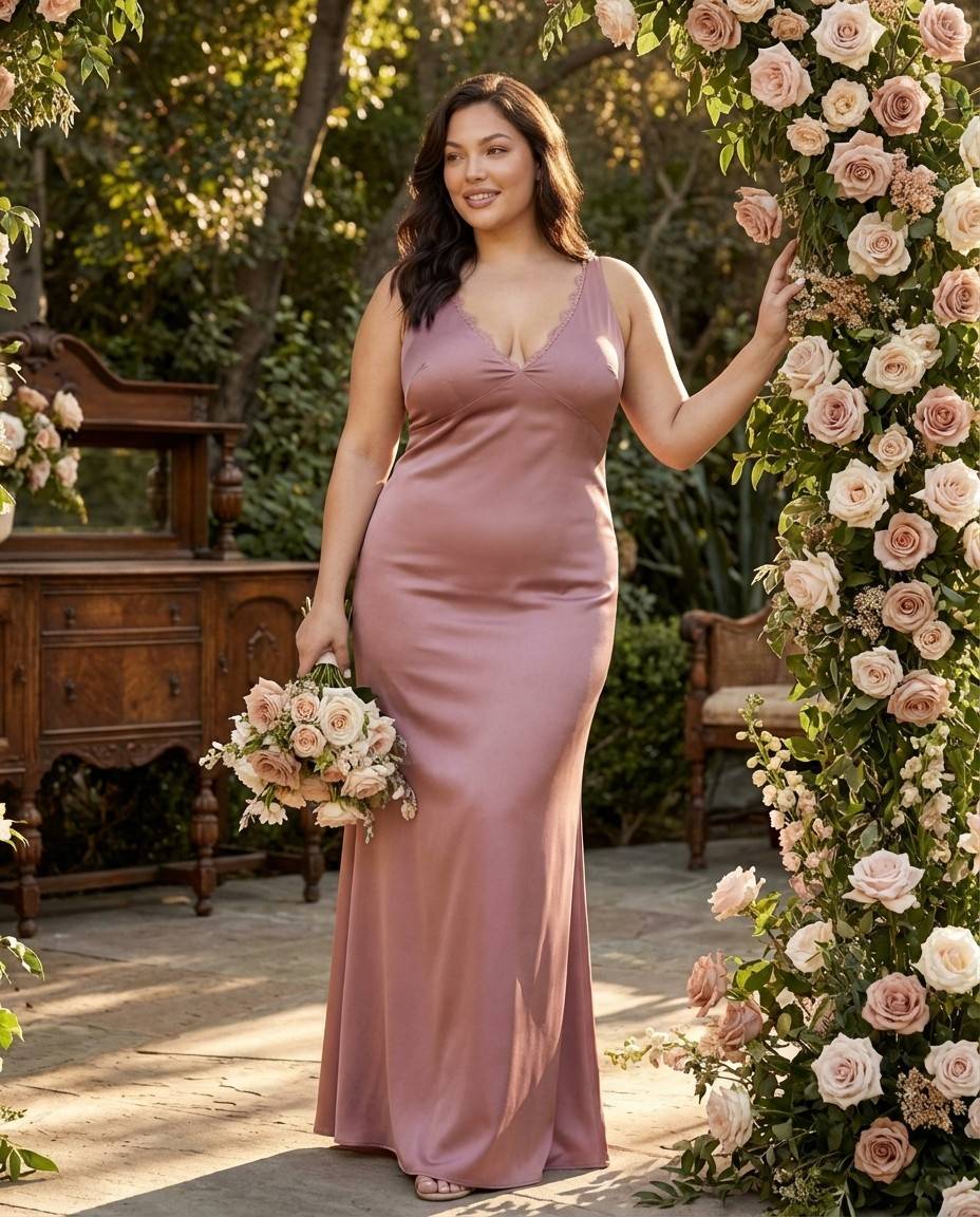 Silvarelle Elegant Stretch Satin Plus Size Bridesmaid Dress with Lace Trim for Weddings - N0359