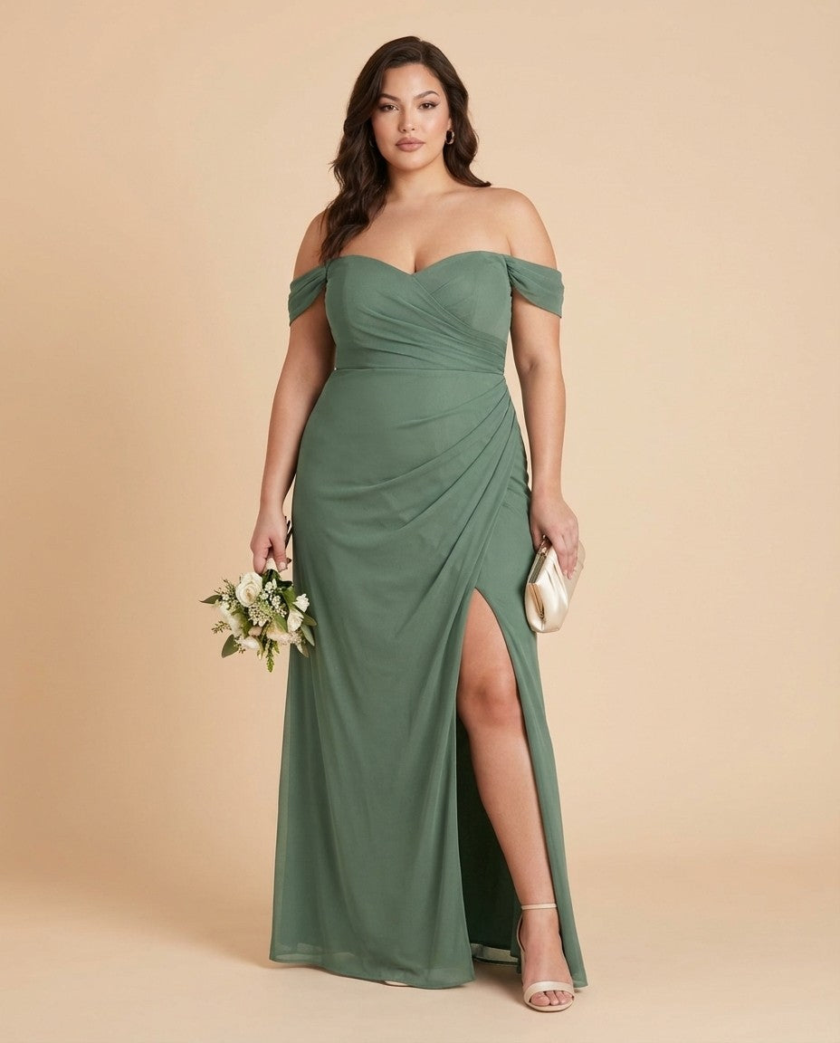 Elanthia Convertible Off-the-Shoulder Mesh Plus Size Bridesmaid Dress for Weddings - N0344