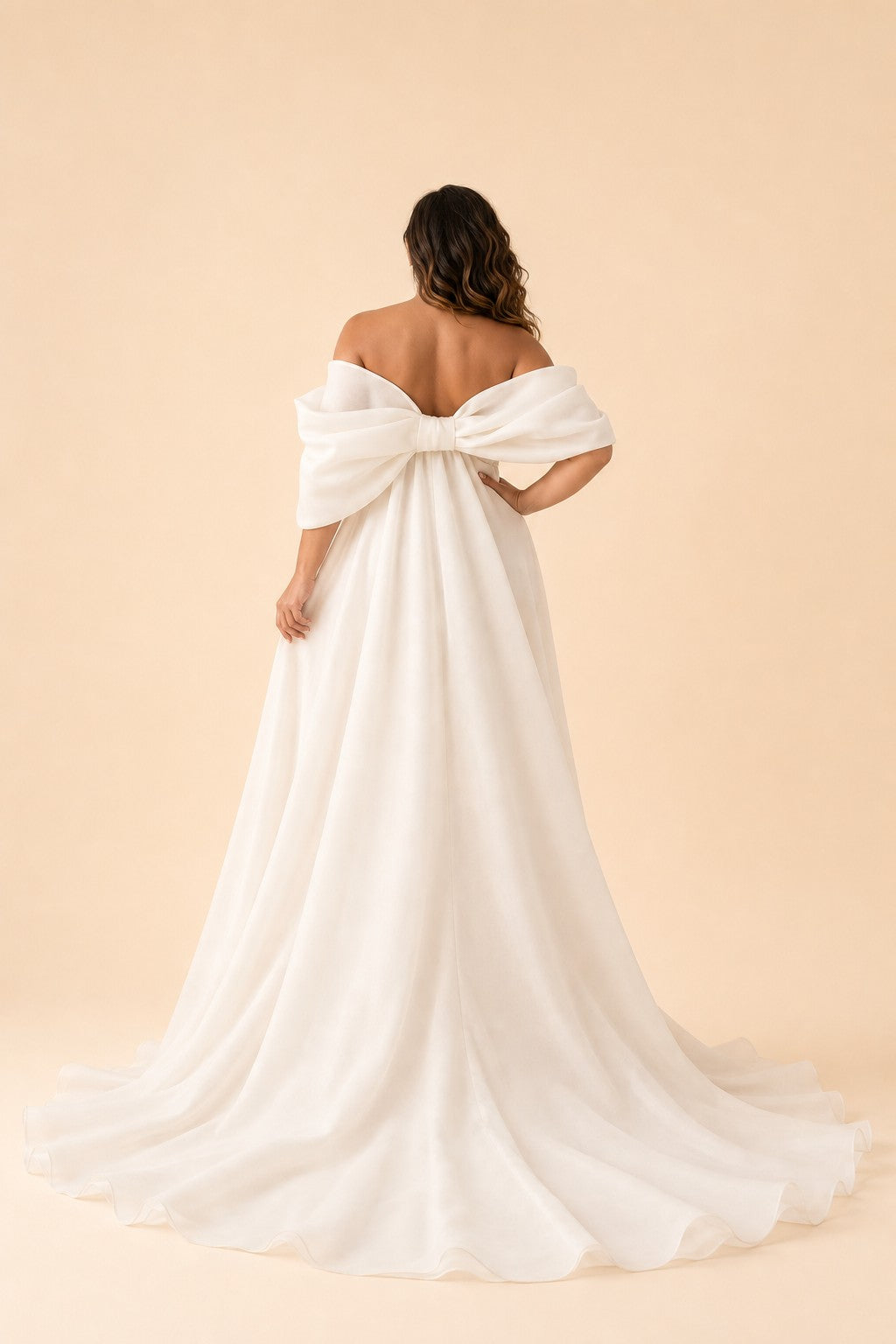 Feminine White A Line Bridal Dress Off Shoulder Detachable Train and 3D Floral Accents