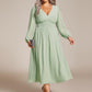 Plus Size Flowy Long Sleeves V-Neck Midi Chiffon Wedding Guest Dress