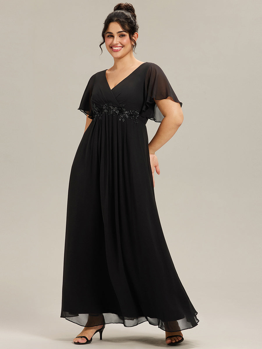 Plus Size Floral Applique Short Sleeve A-Line Chiffon Formal Evening Dress