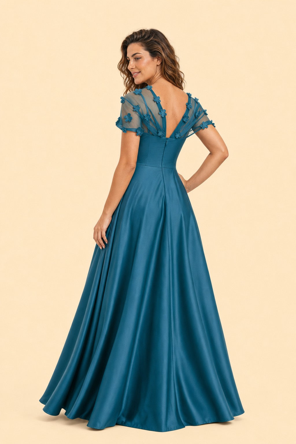 Plus Size Backless A-Line Formal Gown with Floral Appliqué and Satin Skirt
