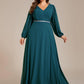 Plus Size A-Line V-Neck See-Through Long Sleeves Shiny Belt Chiffon Evening Dress