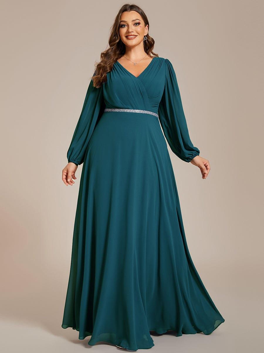 Plus Size A-Line V-Neck See-Through Long Sleeves Shiny Belt Chiffon Evening Dress