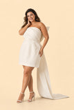 Plus Size Strapless Bridal Mini Dress with Ruched Bodice Draped Train and Statement Bow Back