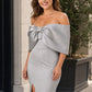 Elegant Plus Size Bridesmaid Dress with Off Shoulder Bow Detail and Slit