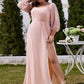 Plus Size High-Slit Waist Pleated Bridesmaid Dress with Long Sleeves