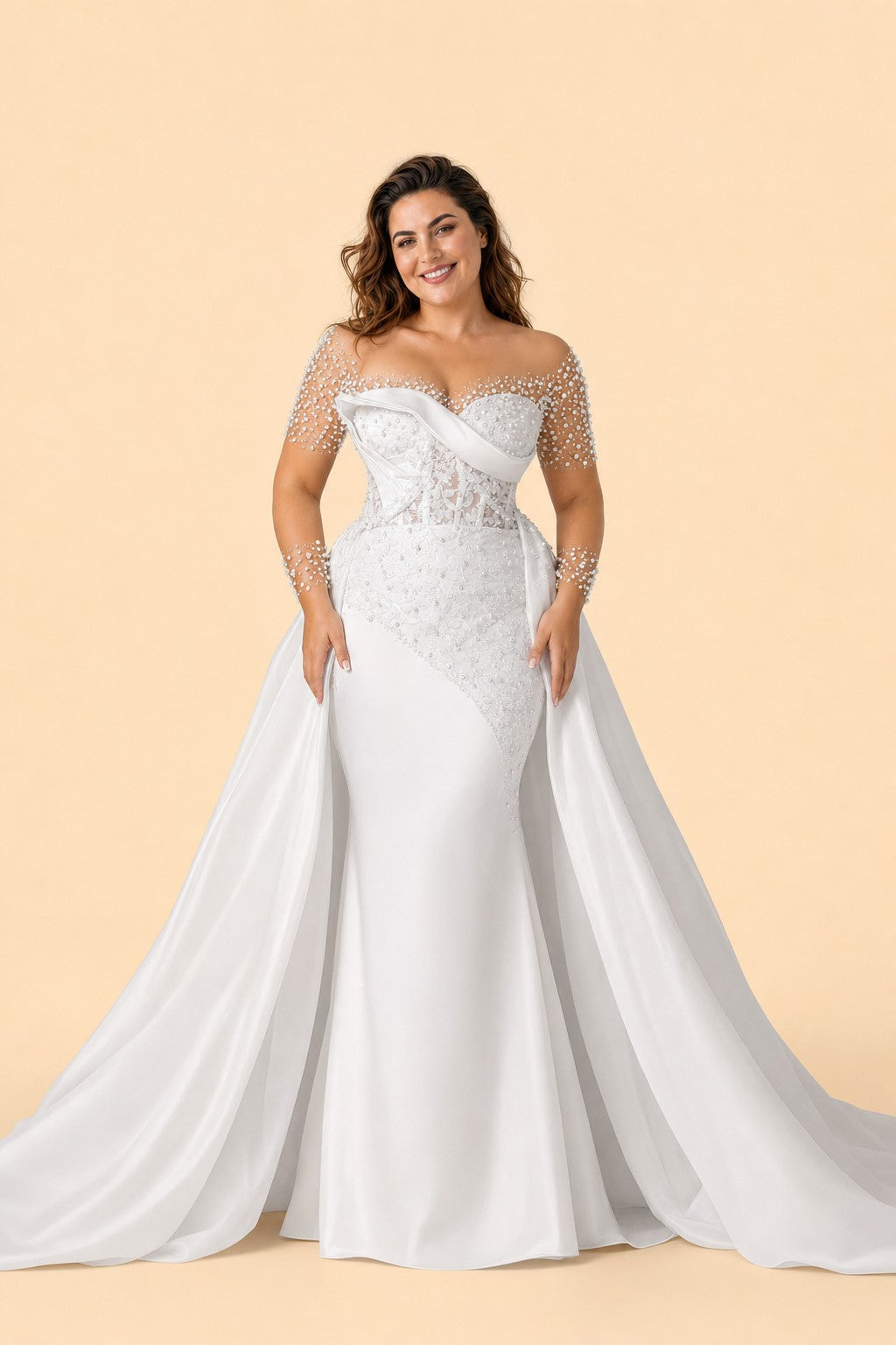 Plus Size Lace Wedding Dress with Detachable Train and Hand-Placed Beaded Bodice