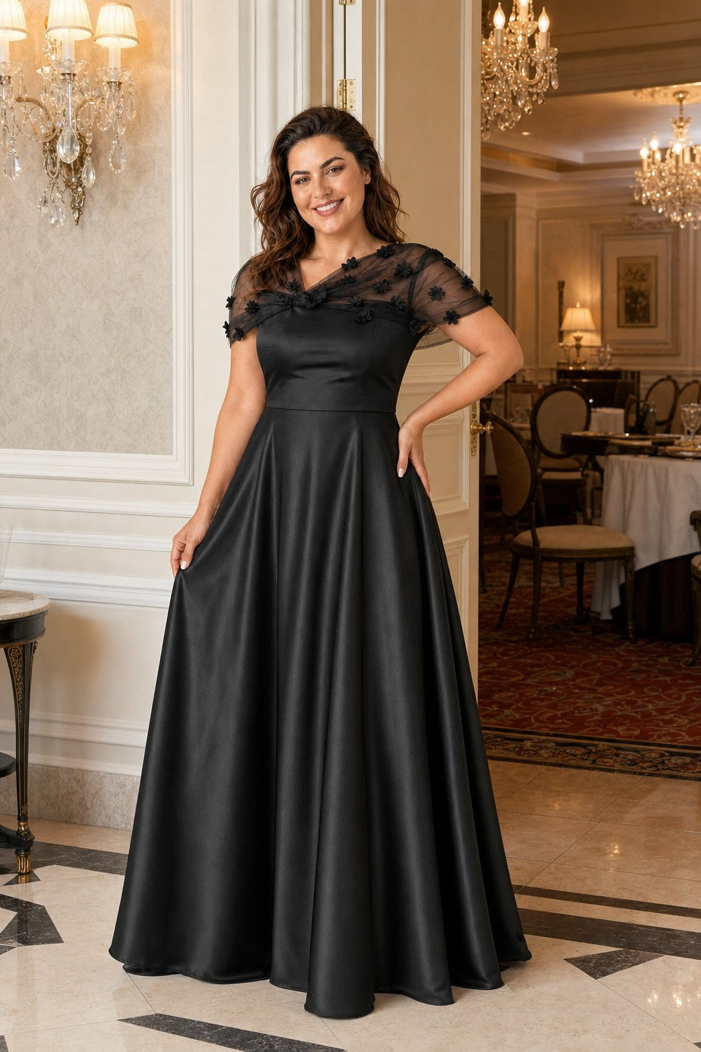 Plus Size Backless A-Line Formal Gown with Floral Appliqué and Satin Skirt