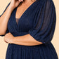 Mesh Pleated Mother Formal Gown High Waist Deep V Neck Wedding Event Evening Gown