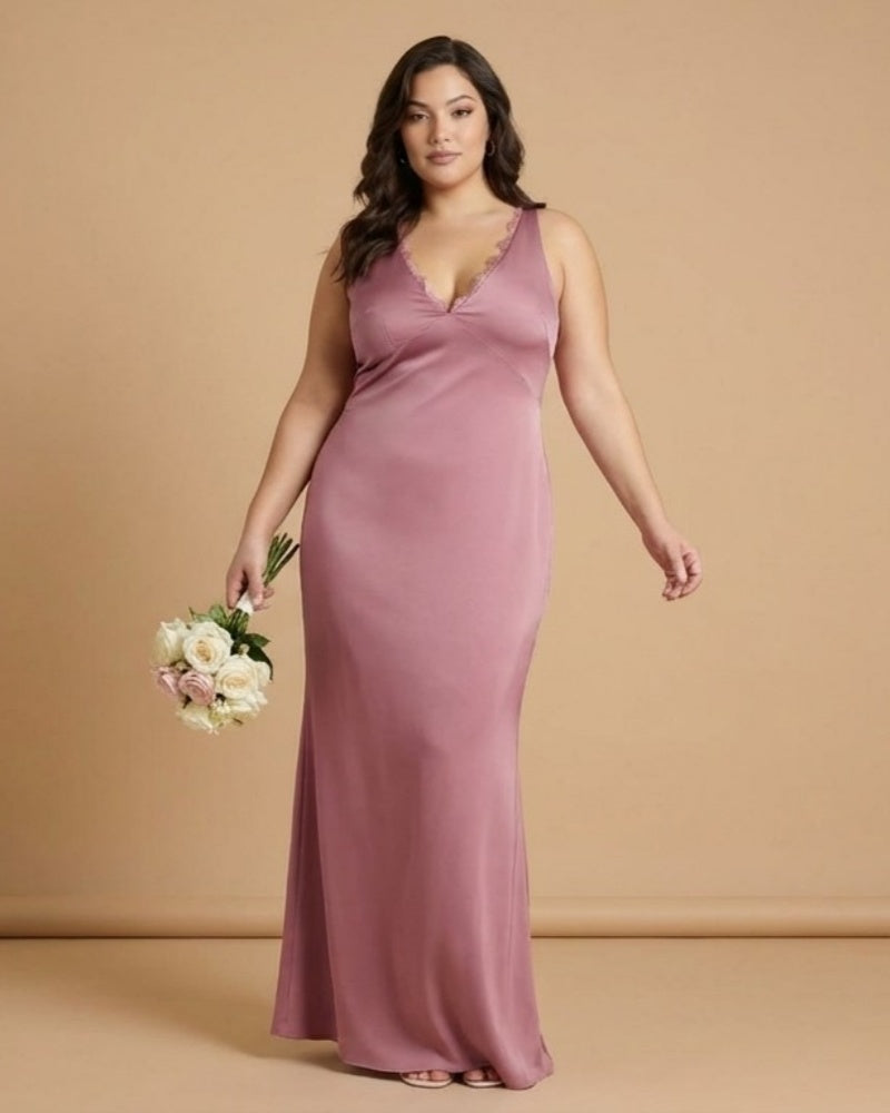 Silvarelle Plus Size Flowy Feminine Evening Gown, Straight Back Sheath Dress for Wedding Engagement Parties -N0360