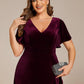 Plus Size Lotus Leaf Hem A-Line V-Neck Ruffles Sleeve Velvet Evening Dress
