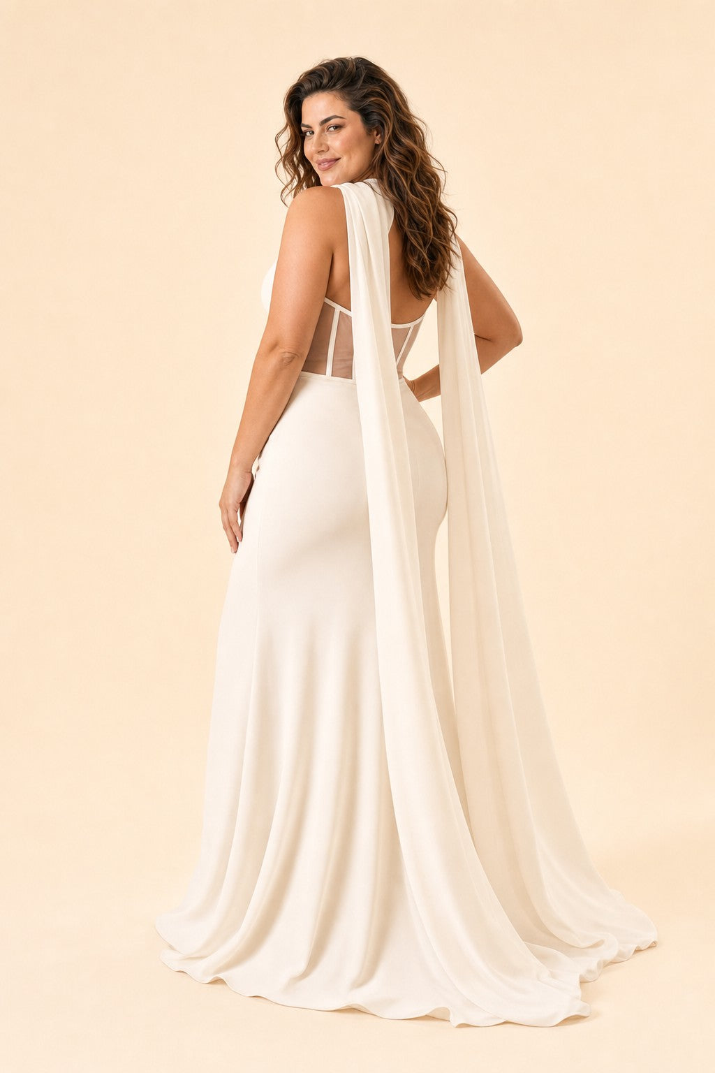 Elegant Plus Size Bridal Gown with Asymmetrical Draping Corset Boning Scarf Accent and Open Back