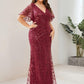 Fashion Plus Size V Neck Mermaid Sequin & Tulle Evening Dress