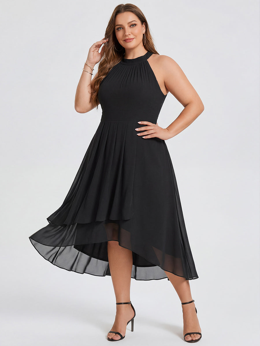 Flowy Plus Size Halter Neck Chiffon Midi Wedding Guest Dress