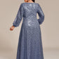 Plus Size V-Neck Lantern Long Sleeve Sequin A-Line Evening Dress