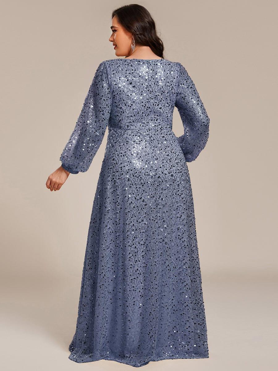 Plus Size V-Neck Lantern Long Sleeve Sequin A-Line Evening Dress